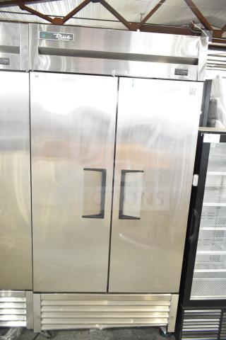 2022 True T-35-HC Commercial 2 Door Reach-In Cooler on casters, 115V, 1 Phase, stainless steel finish, True logo visible.