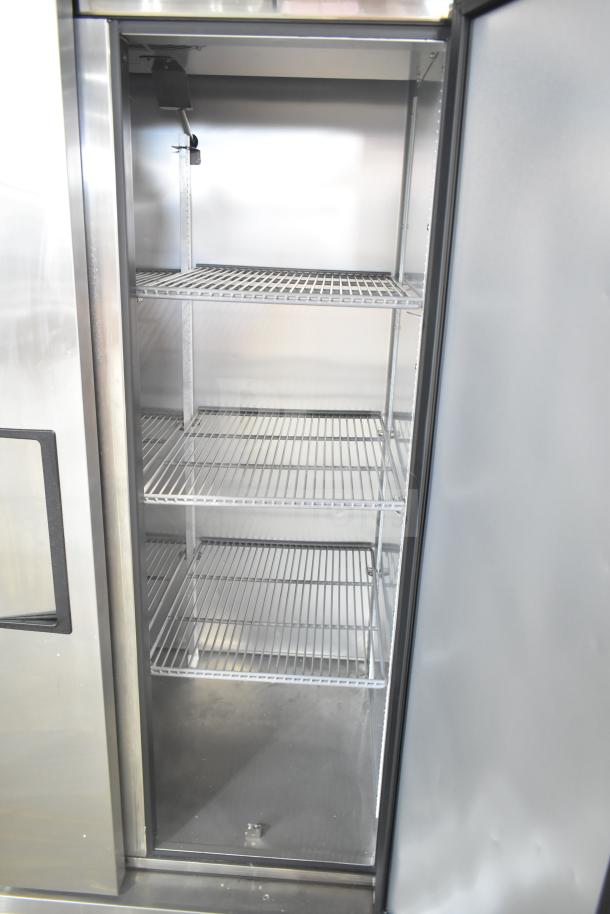 2022 True T-35-HC Commercial 2 Door Cooler, stainless steel, four wire shelves, on casters, 115V, 1 Phase.