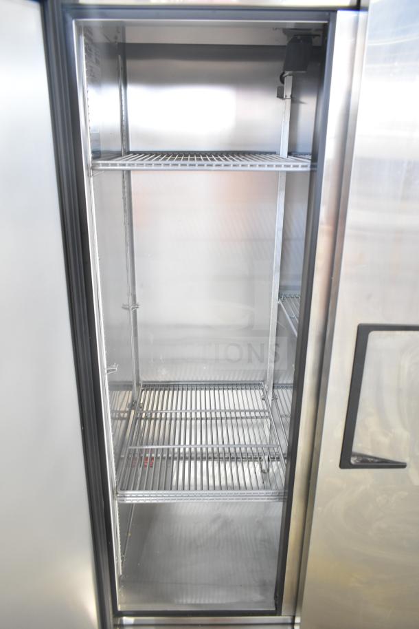2021 True T-35-HC Commercial 2 Door Reach-In Cooler, stainless steel, on casters, 115V, 1 Phase, clean interior shelving.