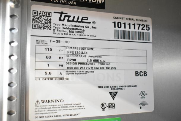 2021 True T-35-HC reach-in cooler label detailing model, 115V, using R290 refrigerant, 3.5 oz capacity, on casters, serial 10111725.