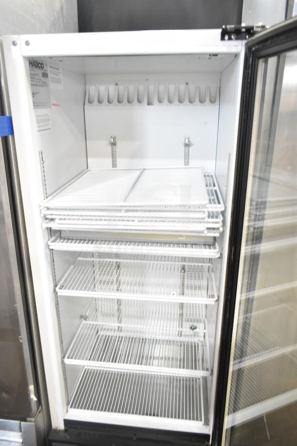 Habco SE12 Commercial Reach-In Cooler, single door, metal shelves, model info and instructions visible, 115V, 1 phase.