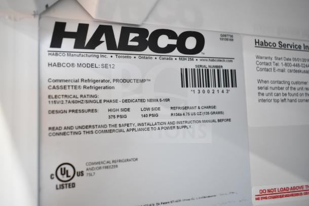 Label on Habco SE12 cooler, detailing commercial refrigeration specs: 115V, single-phase, 375 PSIG high, 140 PSIG low.
