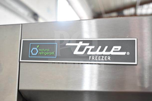 2021 True T-19F-HC freezer, single door, natural refrigerant, commercial casters, 115 volts, visible True logo.
