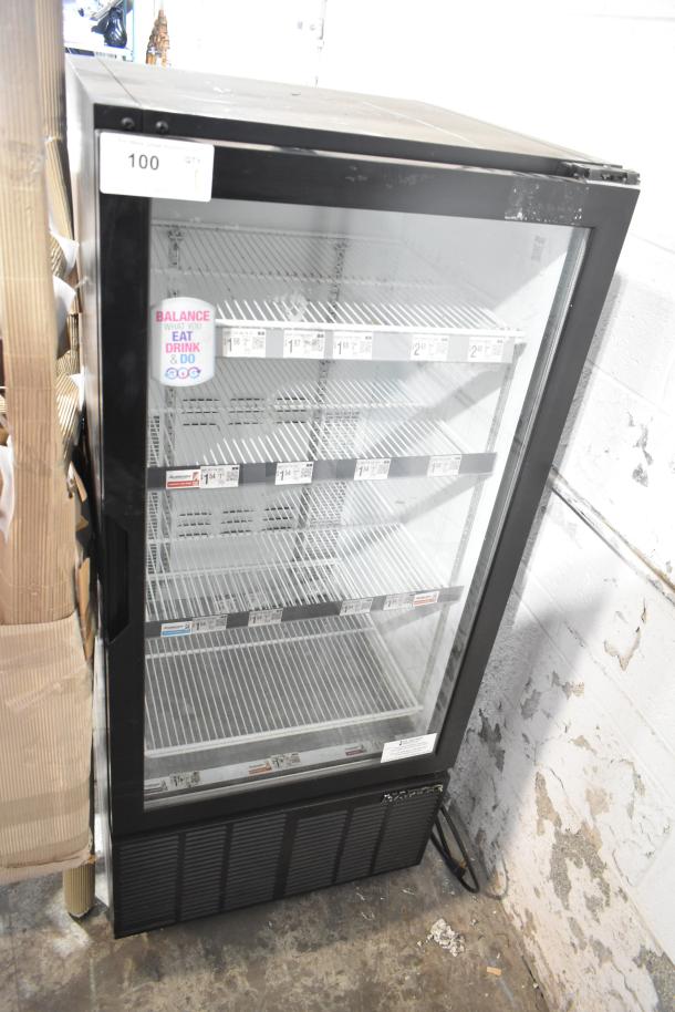 Habco ESM10 Commercial Single Door Reach In Cooler Merchandiser. 115V, 1 Phase. Features glass door, multiple shelves, visible pricing labels.