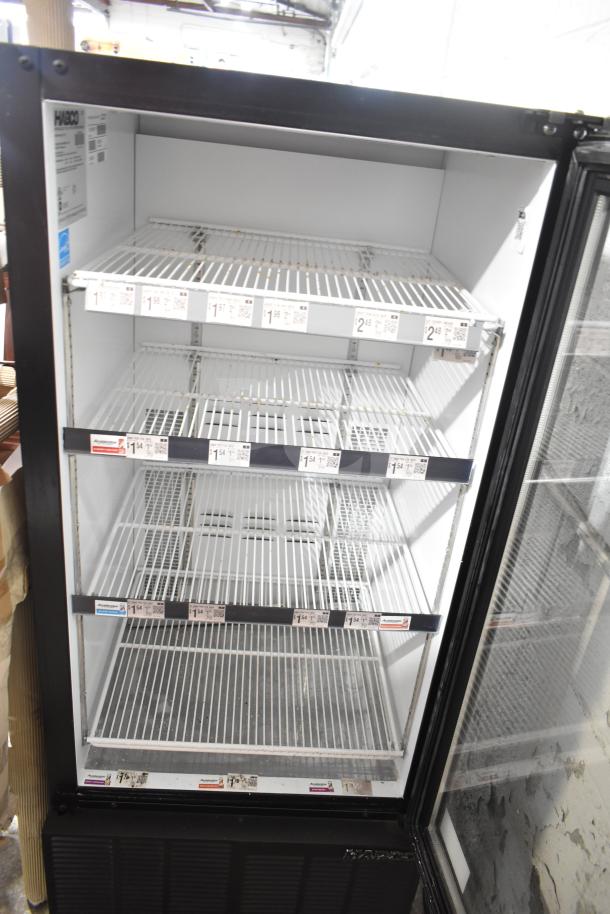 Habco ESM10 commercial single door reach-in cooler merchandiser. Features multiple wire shelves, visible price tags, and a black frame. 115V, 1 phase.