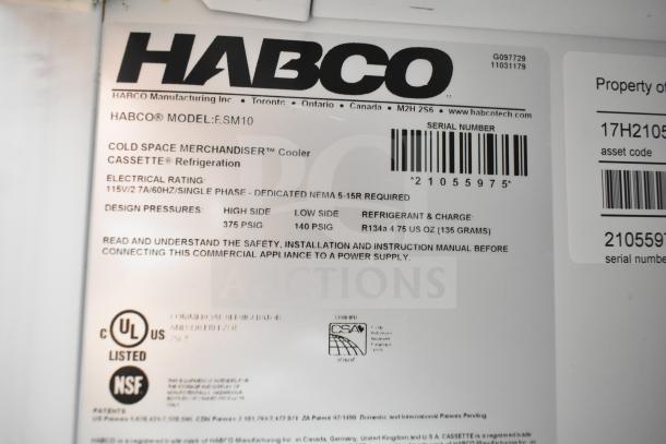 Habco ESM10 commercial cooler label showing electrical ratings, refrigeration specs, and safety certifications.
