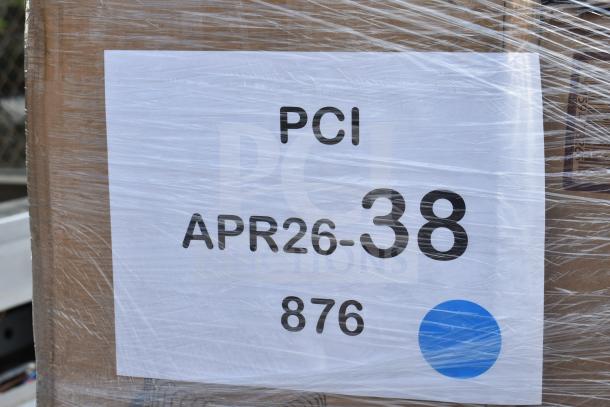 Pallet with wrapped auction items labeled "PCI APR26-38" containing gloves, caps, and containers, brand new scratch and dent.