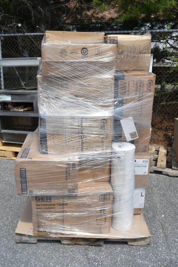 Pallet of 21 scratch and dent boxes including gloves, bouffant caps, and containers wrapped in plastic film.
