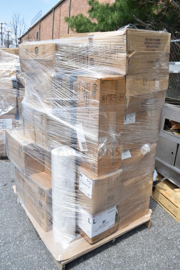 Pallet of 21 brand new scratch and dent items, wrapped in plastic. Boxes labeled APR26-38. Includes gloves, caps, containers.