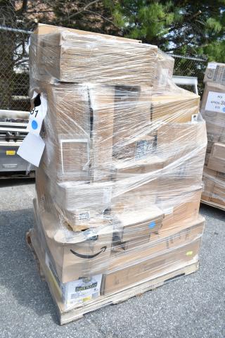 Plastic-wrapped pallet containing various boxed items, including new scratch and dent wine glasses, cake molds, and fryer tray.