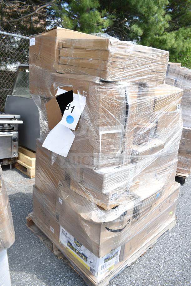 Pallet of 26 new scratch and dent items; includes boxed wine glasses, cake molds, and fryer trays. Wrapped in plastic.