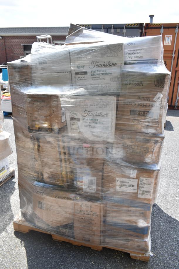 Pallet with 30 new scratch and dent items, including trash bags, cold/hot cups, vacuum pouches, and labeled boxes.
