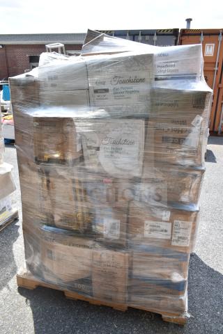 Pallet with 30 new scratch and dent items, including trash bags, cold/hot cups, vacuum pouches, and labeled boxes.