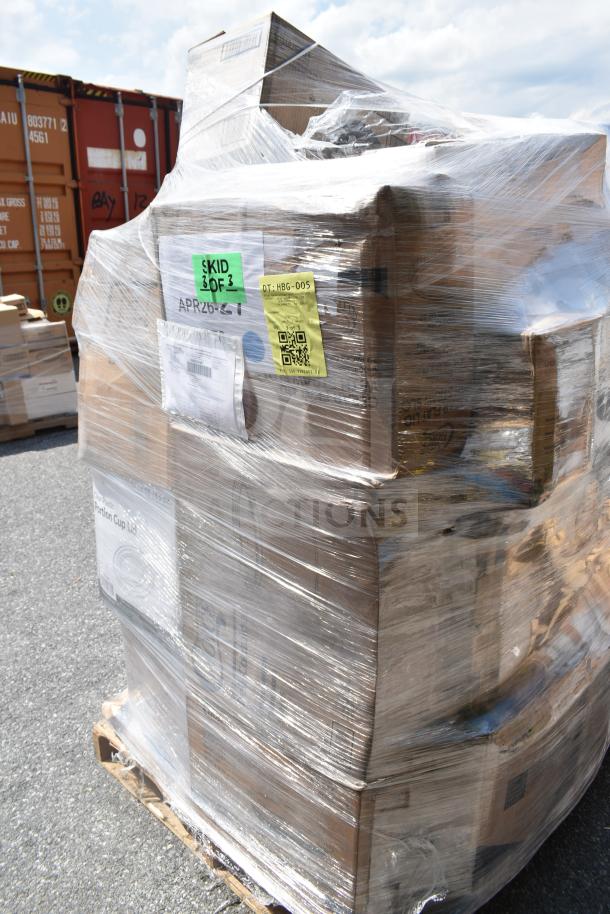 Pallet with 30 scratch and dent items, including trash bags and cups, wrapped in plastic with visible tags and labels.