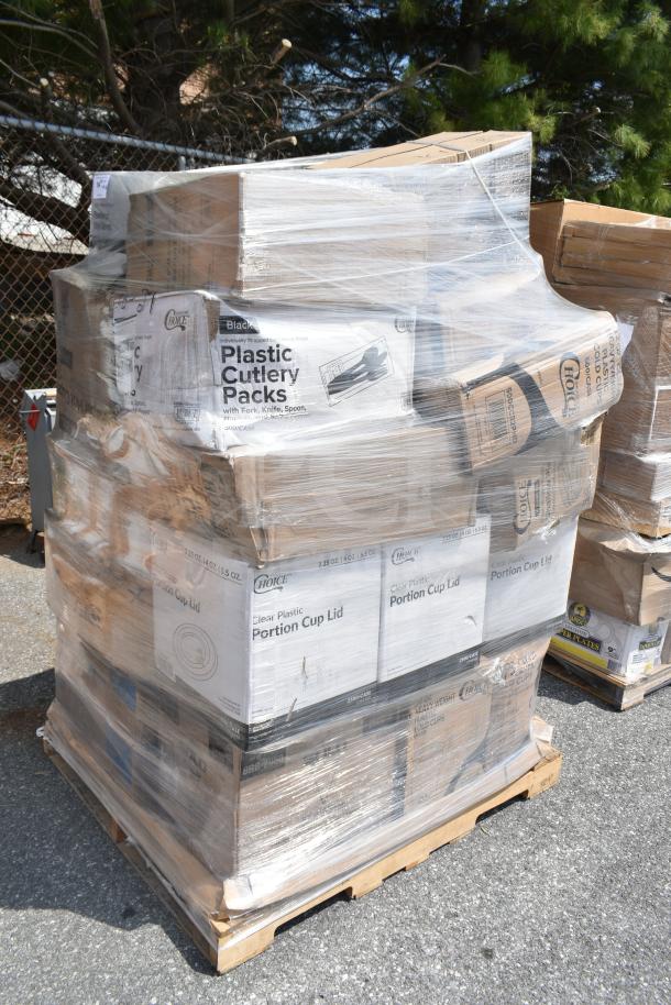 Pallet of assorted new scratch and dent items, including plastic cutlery packs and portion cup lids, wrapped in plastic.