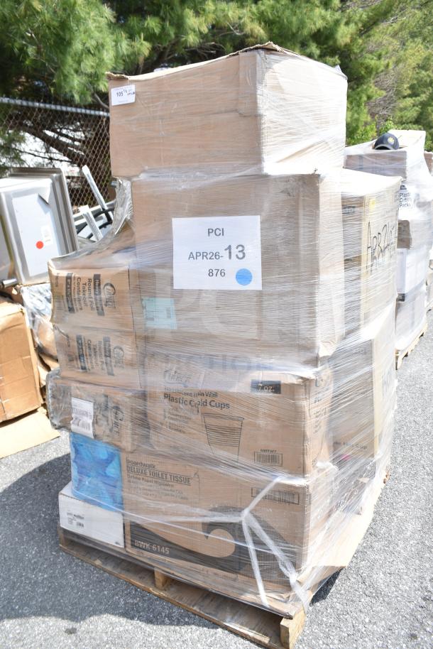 Large pallet of 28 scratch and dent items, including flat lids, cups, and containers, wrapped and labeled "APR26-13."