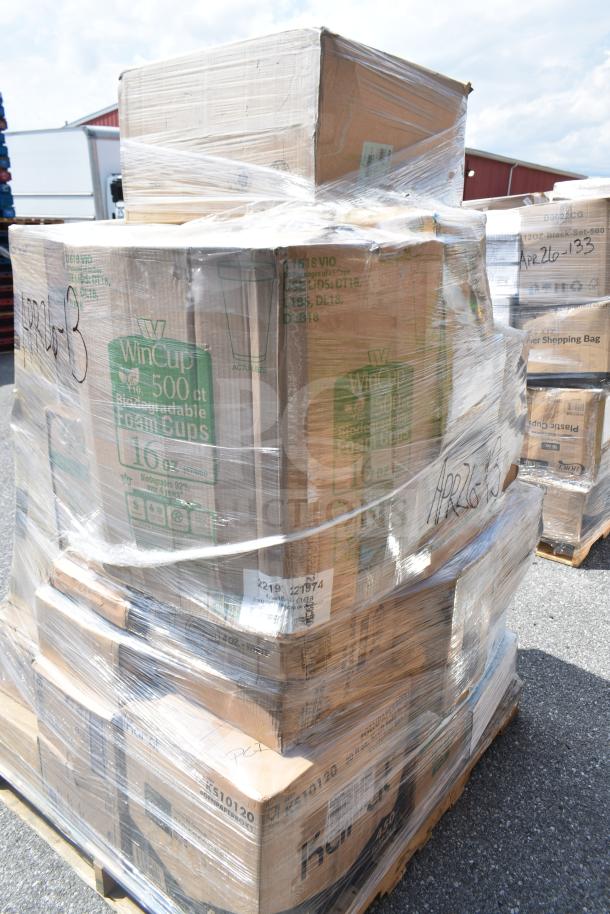 "Pallet of 28 new scratch and dent boxes, including WinCup biodegradable foam cups, lids, containers. Wrapped for protection."