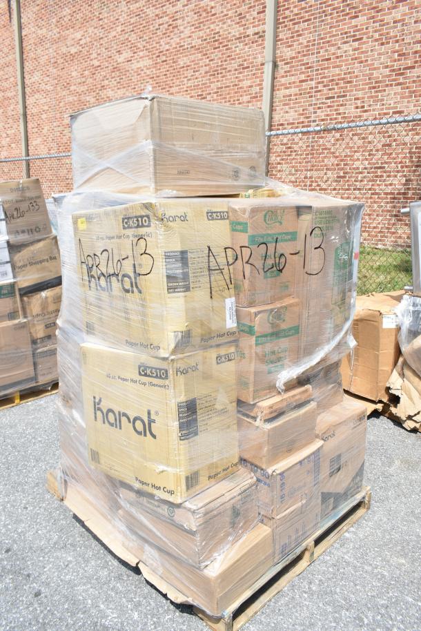 Pallet of 28 new scratch and dent items including paper cups and lids, wrapped in plastic, marked "APR26-13."