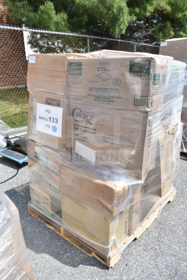 Pallet with 26 scratch and dent items, including cups and shopping bags, in original packaging with visible labels.