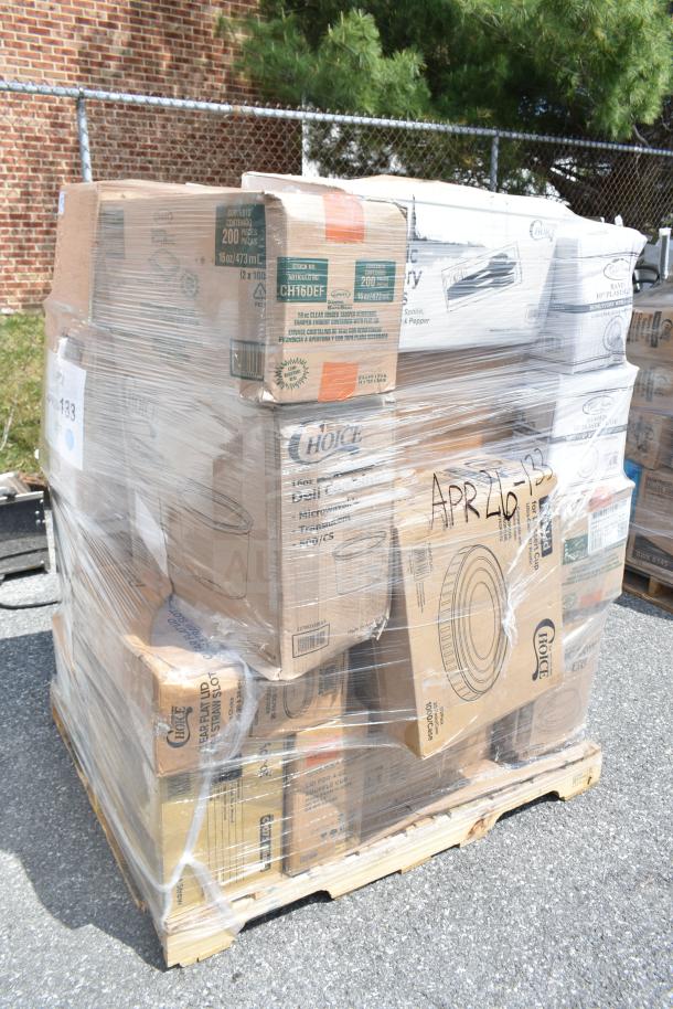 Shrink-wrapped pallet of 26 scratch and dent items, including cups, bags, and glasses, labeled APR26-133. Boxes have visible brand markings.