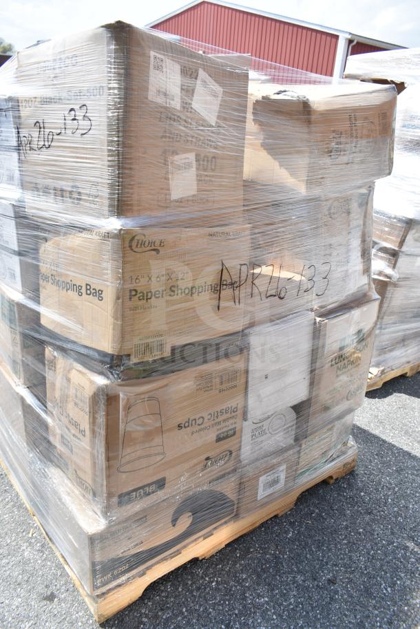 Pallet with brand new scratch and dent boxes of cups, shopping bags, and glasses, marked "APR26-133."