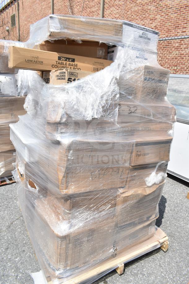 Pallet of 34 brand new scratch and dent items including condiment jars, food trays, containers, wrapped in plastic.