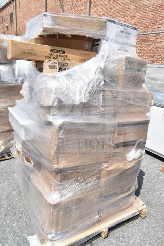 Pallet of 34 brand new scratch and dent items including condiment jars, food trays, containers, wrapped in plastic.