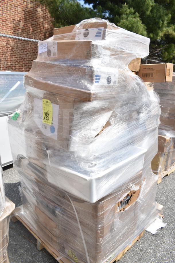 Pallet with 34 brand new scratch and dent items, including condiment jars and food trays, shrink-wrapped and labeled.