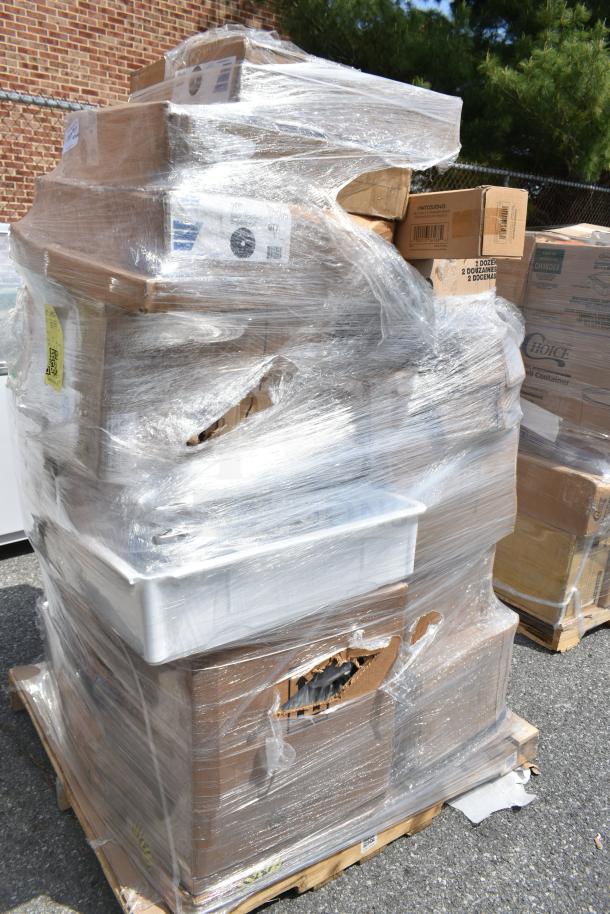 Shrink-wrapped pallet with 34 brand new scratch and dent items, including condiment jars, food trays, and containers.