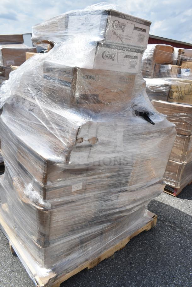 Pallet with 34 brand new scratch and dent items, including condiment jars, food trays, and containers, wrapped in plastic.