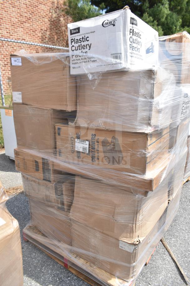 Pallet of assorted boxes, including bakery boxes and containers, shrink-wrapped, labeled "Plastic Cutlery Packs," in new condition.
