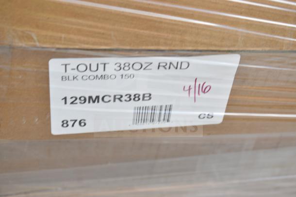 Packaging label showing “T-OUT 38OZ RND, BLK COMBO 150, 129MCR38B.” Auction lot of bakery boxes and containers. New condition.