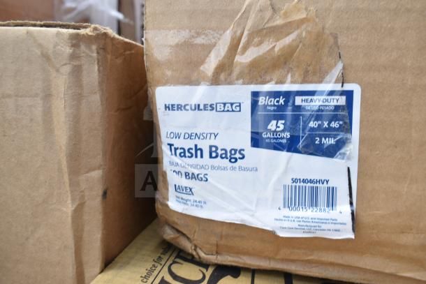 Box of Hercules Bag low-density trash bags, 45 gallons, 2 mil thickness, heavy-duty, scratched packaging.