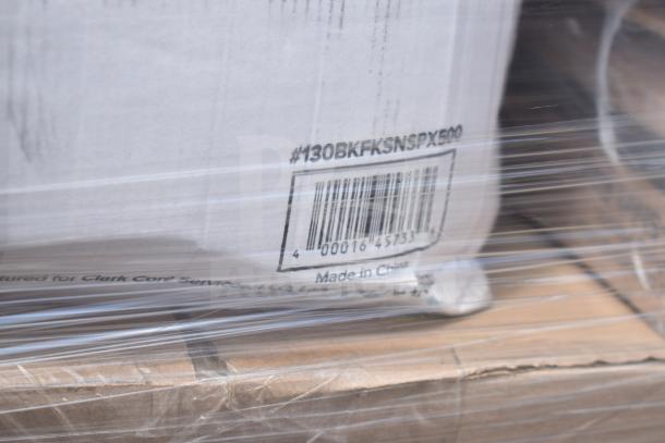 Cardboard box labeled "#130BKFKSNSPX500" with barcode, wrapped in plastic, containing scratch and dent bakery boxes and containers, made in China.