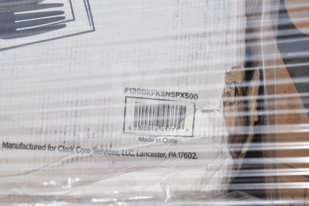 Cardboard box with visible barcode, labeled "#130BKFKSNSPX500." Manufactured for Clark Core Services, Lancaster, PA.