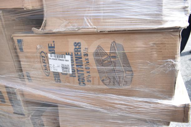 Stack of cardboard boxes labeled "Dart OPS Hoagie Hinged Tray," wrapped in plastic. New, scratch and dent condition.