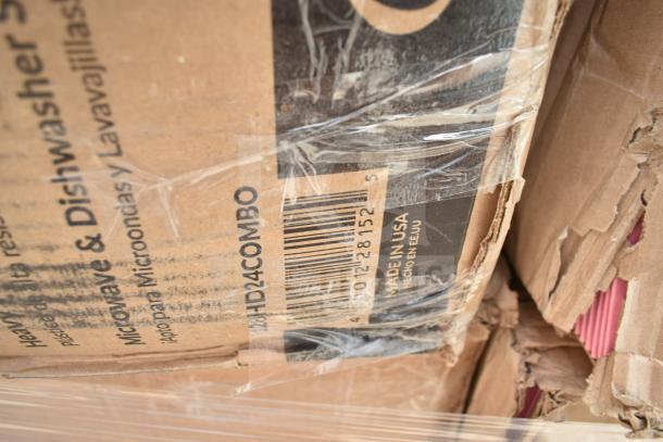 Damaged cardboard box labeled "Microwave & Dishwasher Safe," containing bakery boxes and containers. Made in USA.