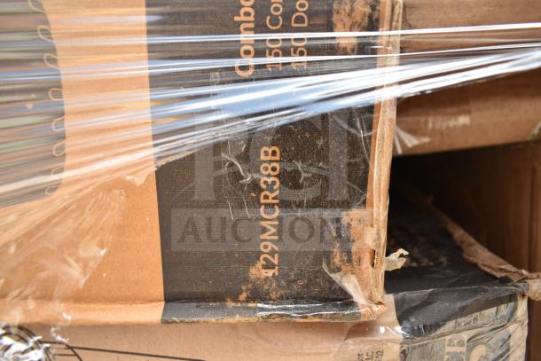 Stack of 24 new scratch and dent bakery boxes and containers wrapped in plastic. Visible label: "29MCR38B."