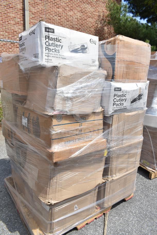 Pallet of 24 new scratch and dent items, including bakery boxes and containers. Boxes labeled "Plastic Cutlery Packs."