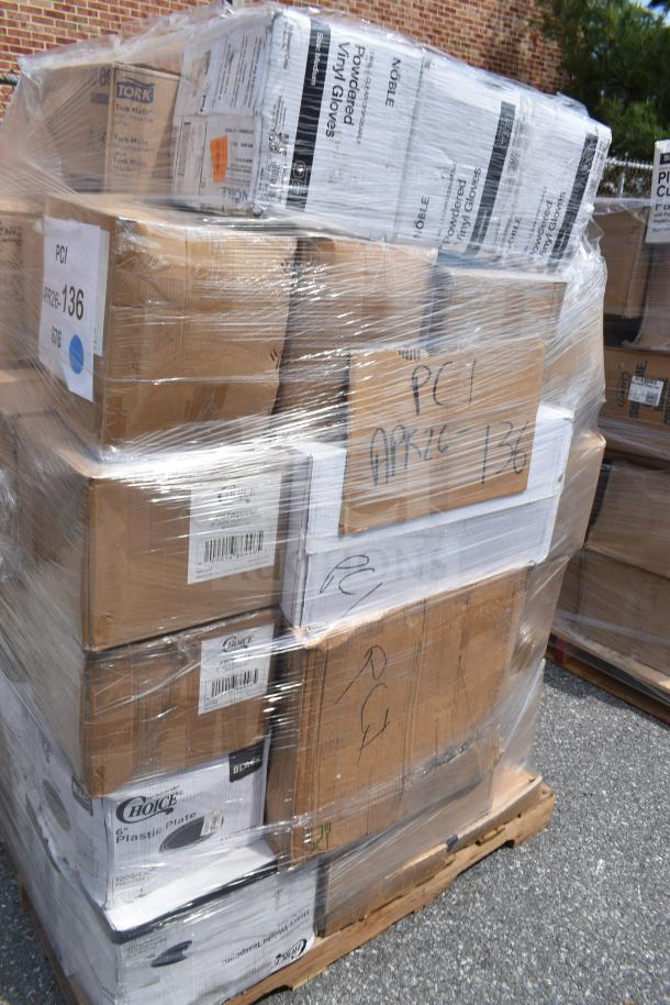 Pallet of boxed scratch and dent food service items, including plates and cups. Boxes labeled Tork, Noble, and Choice.