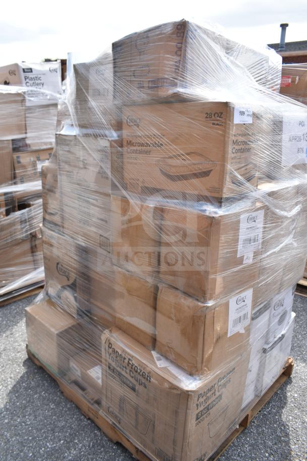 Pallet of 37 brand new scratch and dent items, including food cups, plates, cold cups, wrapped in plastic.