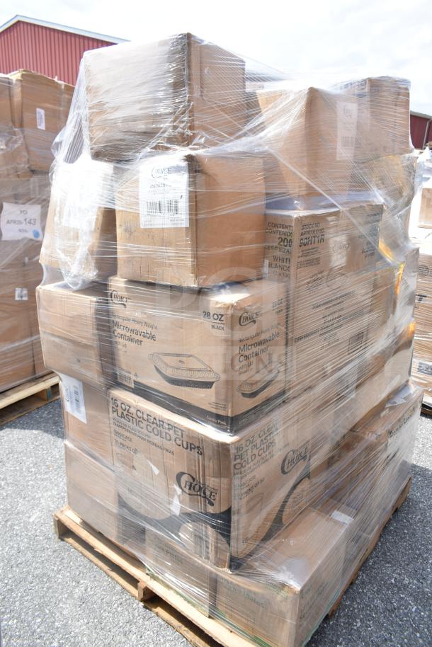 Pallet of 37 scratch and dent items including food cups, plates, cold cups in original packaging.