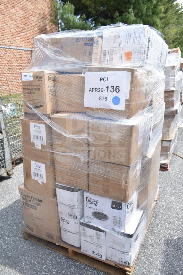 Stack of boxed items on a pallet, shrink-wrapped. Labels indicate new disposable food containers and plates. Lot APR26-136.