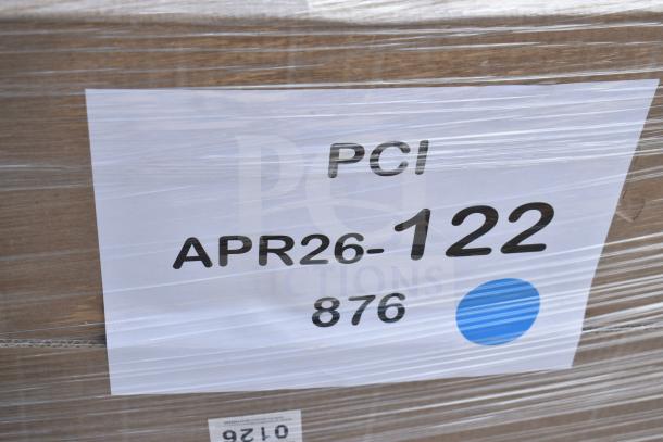 "New scratch and dent lot with utility shelf, Chiavari chair cushions. Label shows APR26-122, PCI, wrapped for shipping."