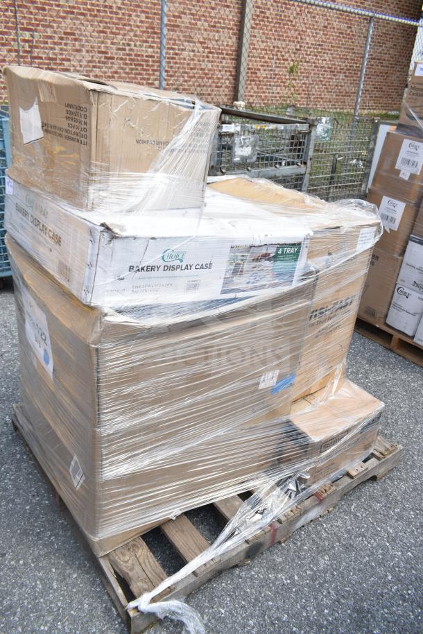 Pallet of 5 wrapped, new scratch and dent items including utility shelf and Chiavari chair cushions. Boxes labeled "Choice Bakery Display Case."