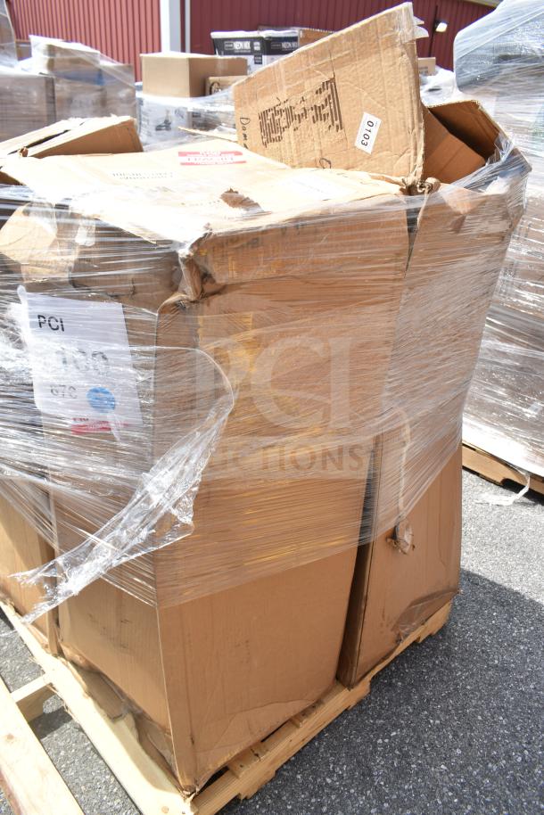 Pallet of six new mixed kitchen items in damaged boxes, shrink-wrapped. Labels show APR26-100, potential scratch/dent condition.