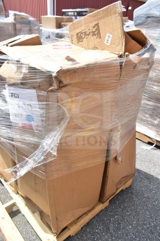 Pallet of six new mixed kitchen items in damaged boxes, shrink-wrapped. Labels show APR26-100, potential scratch/dent condition.