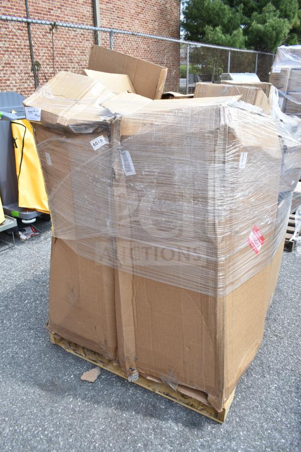 Sealed pallet with 6 brand new scratch and dent items, including mini taco holders and fryer baskets. Packed in cardboard boxes.