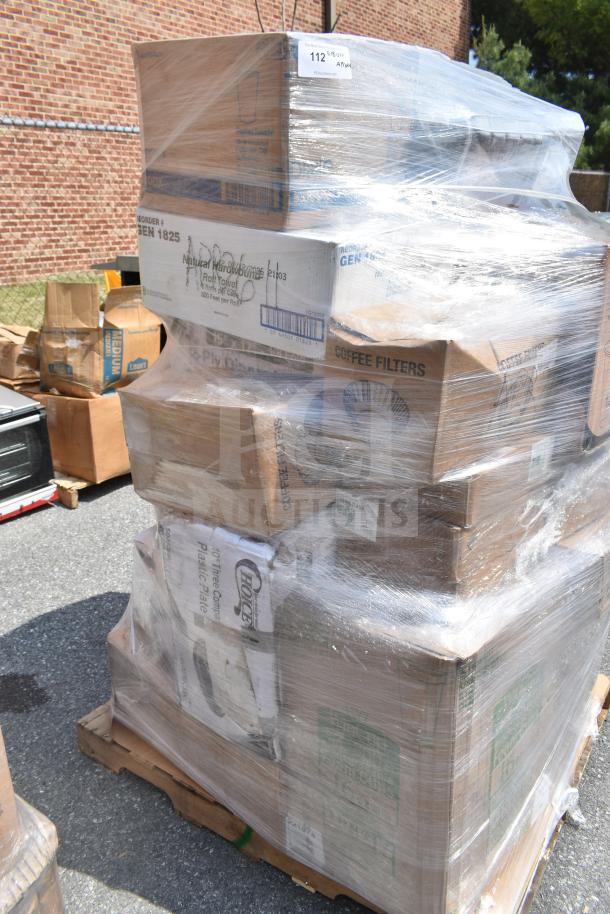 Pallet with 24 boxes of new scratch and dent items wrapped in plastic. Includes deli containers, napkins, cups. Various brands.