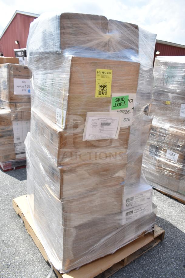 Pallet of 24 new scratch-and-dent items including deli containers, cocktail napkins, and cold cups, shrink-wrapped.